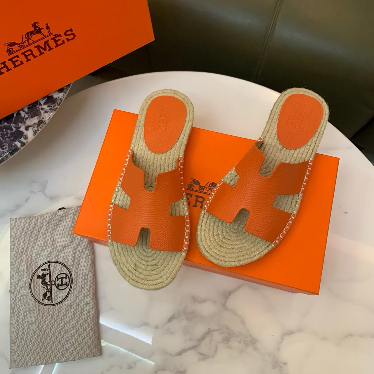Hermès Oran Orange Leather H-Strap Espadrille Slippers 2