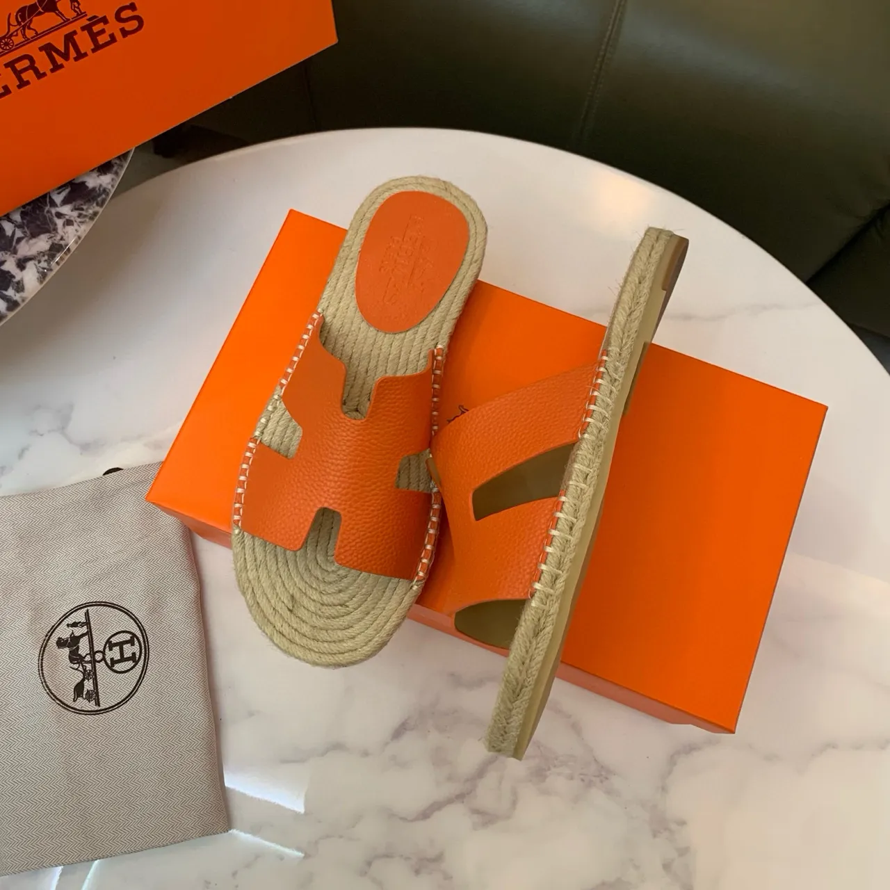 Hermès Oran Orange Leather H-Strap Espadrille Slippers 3