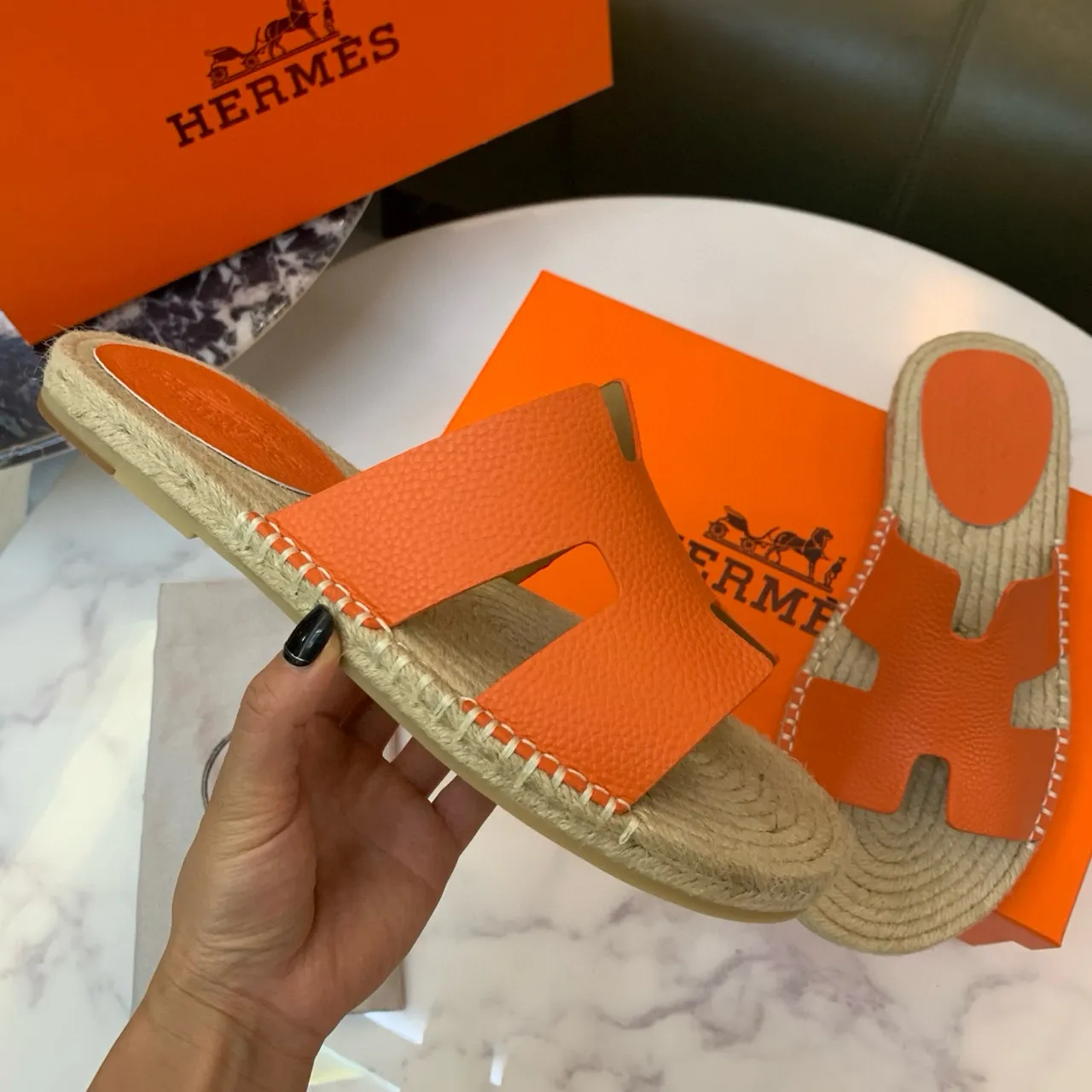 Hermès Oran Orange Leather H-Strap Espadrille Slippers 5