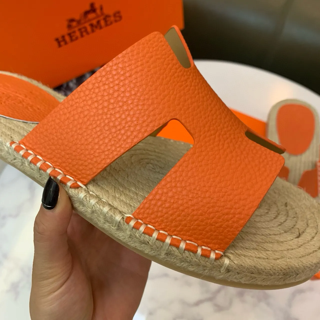 Hermès Oran Orange Leather H-Strap Espadrille Slippers 6