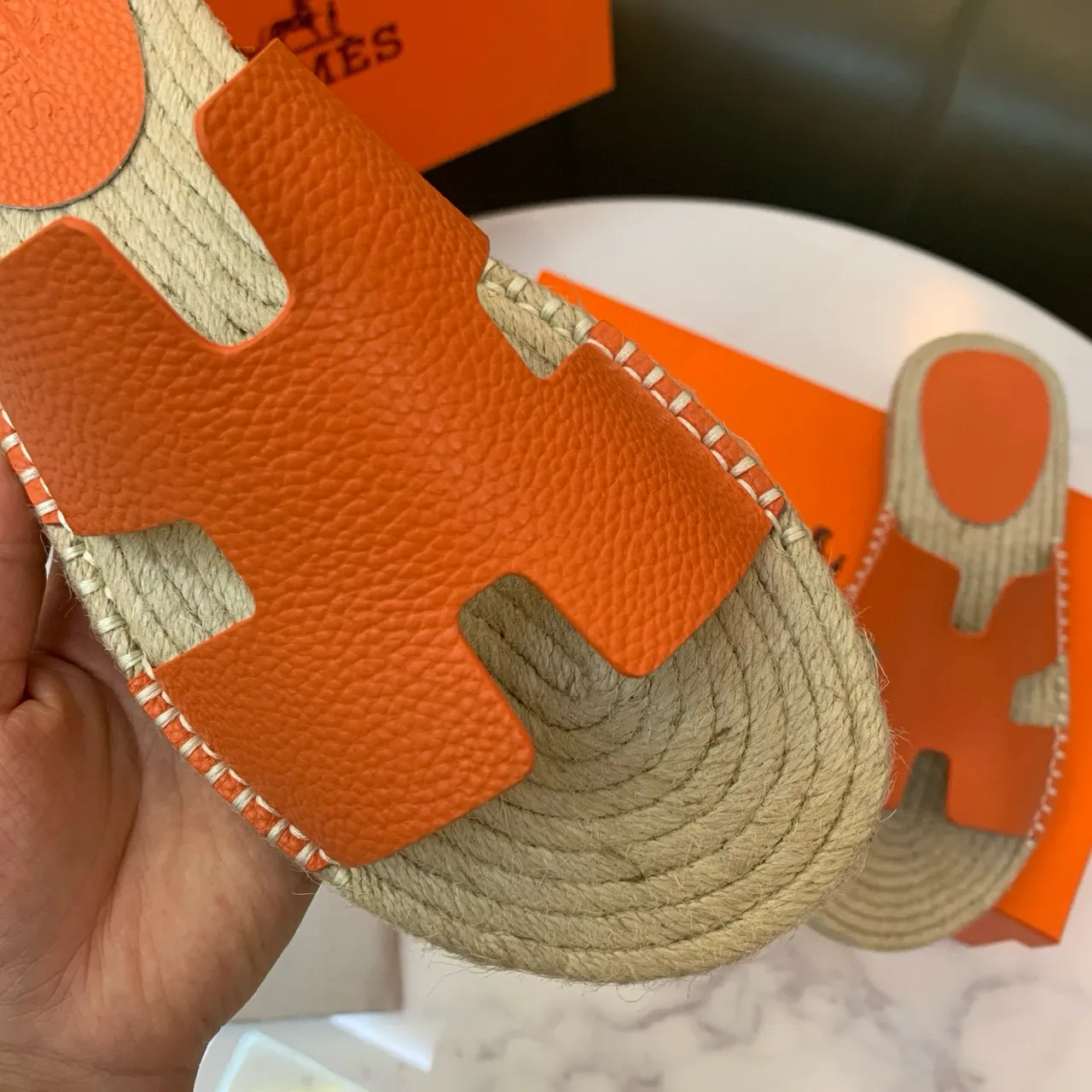 Hermès Oran Orange Leather H-Strap Espadrille Slippers 7