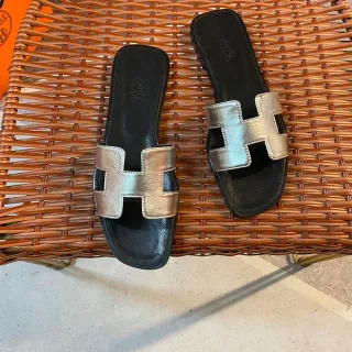 Hermès Oran Silver-Gold H-Strap Slippers