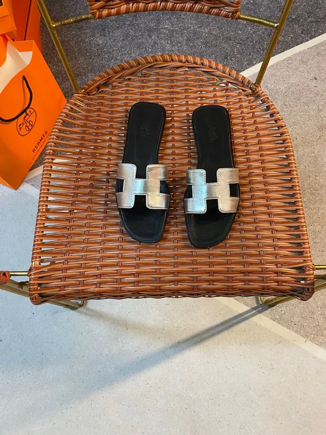Hermès Oran Silver-Gold H-Strap Slippers 2