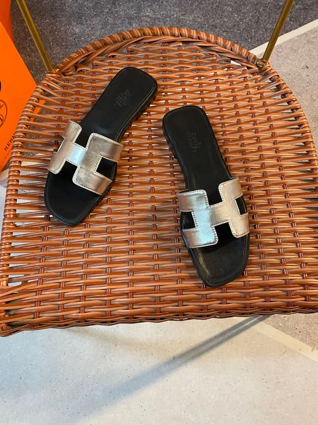 Hermès Oran Silver-Gold H-Strap Slippers 4