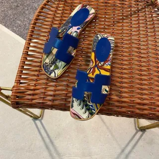 Hermès Oran Slide Multicolor Printed Canvas Blue Strap Slippers