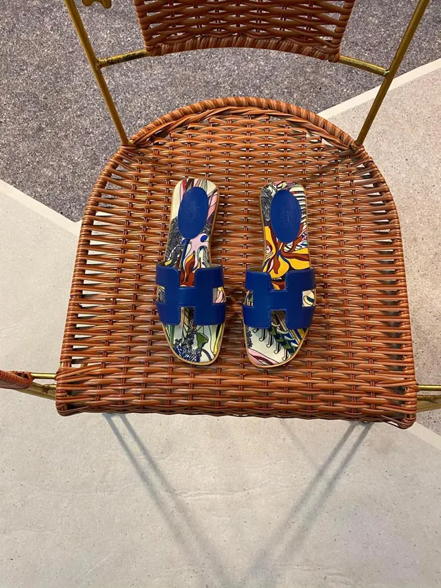 Hermès Oran Slide Multicolor Printed Canvas Blue Strap Slippers 3