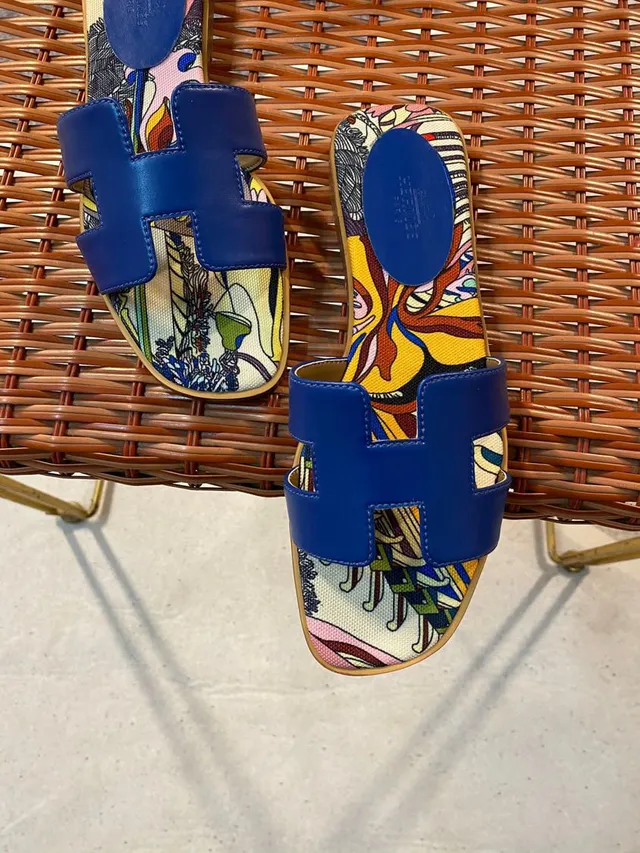 Hermès Oran Slide Multicolor Printed Canvas Blue Strap Slippers 4
