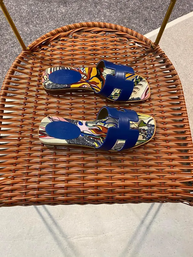 Hermès Oran Slide Multicolor Printed Canvas Blue Strap Slippers 5