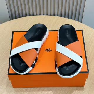 Hermès Oran Slide Orange and White Leather Slippers