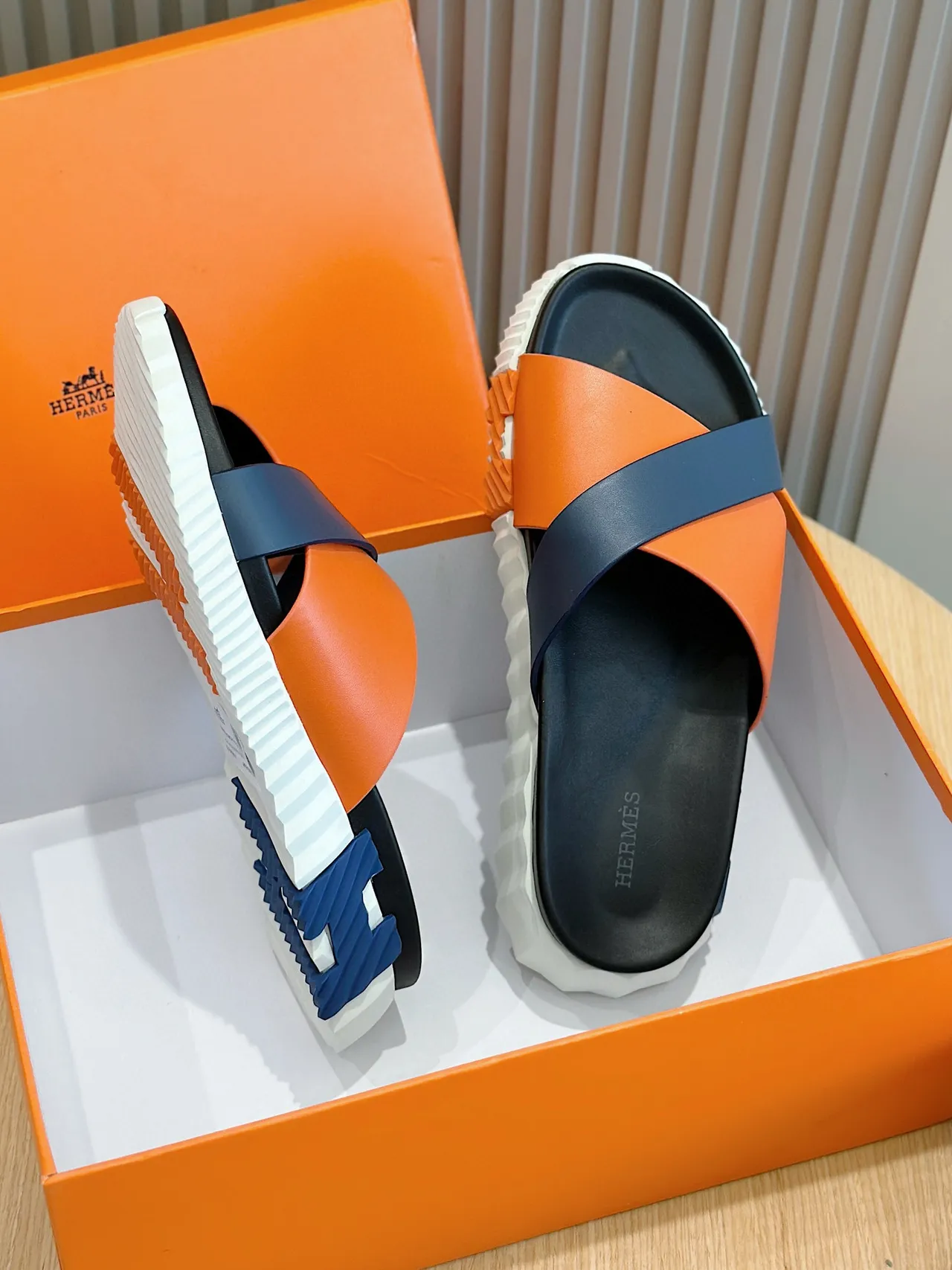 Hermès Oran Slide Orange Navy Black White Slippers 9