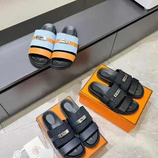 Hermès Oran Sandálias Denim Dupla Tira Fivela Metal