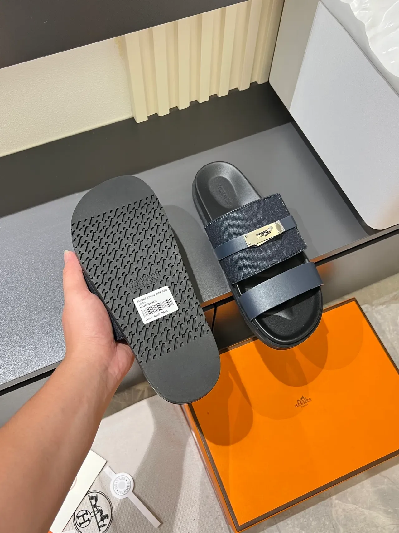 Hermès Oran Sandálias Denim Dupla Tira Fivela Metal 2