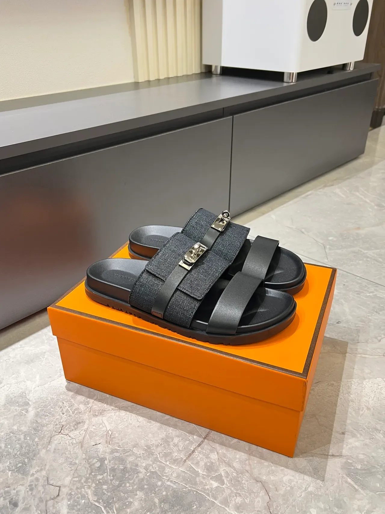Hermès Oran Sandálias Denim Dupla Tira Fivela Metal 11