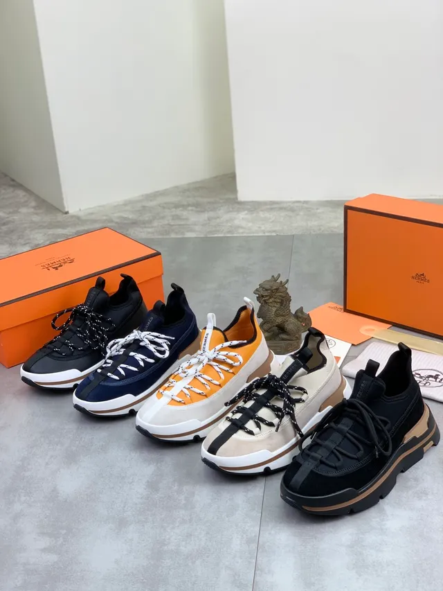 Hermès Oran Tênis Marinho Couro de Camurça Moteado Cordões Estilo de Vida Tênis 2
