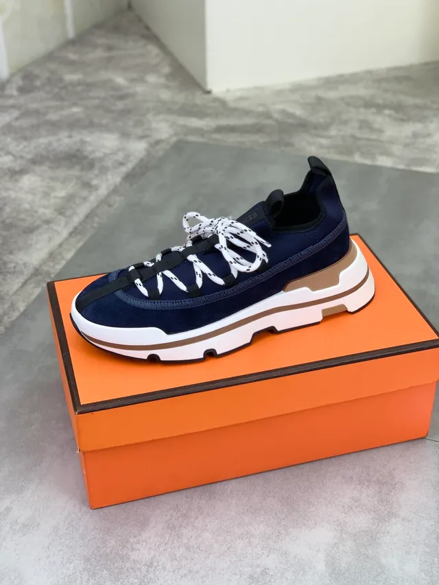 Hermès Oran Tênis Marinho Couro de Camurça Moteado Cordões Estilo de Vida Tênis 5