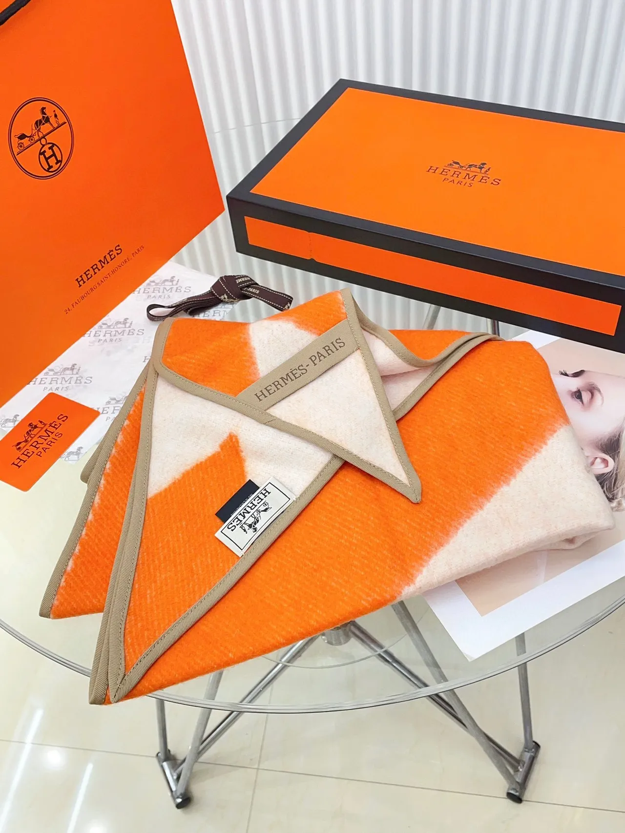 Hermès Orange Beige Geometric Patterned Wool-Blend Texture Shawl 7
