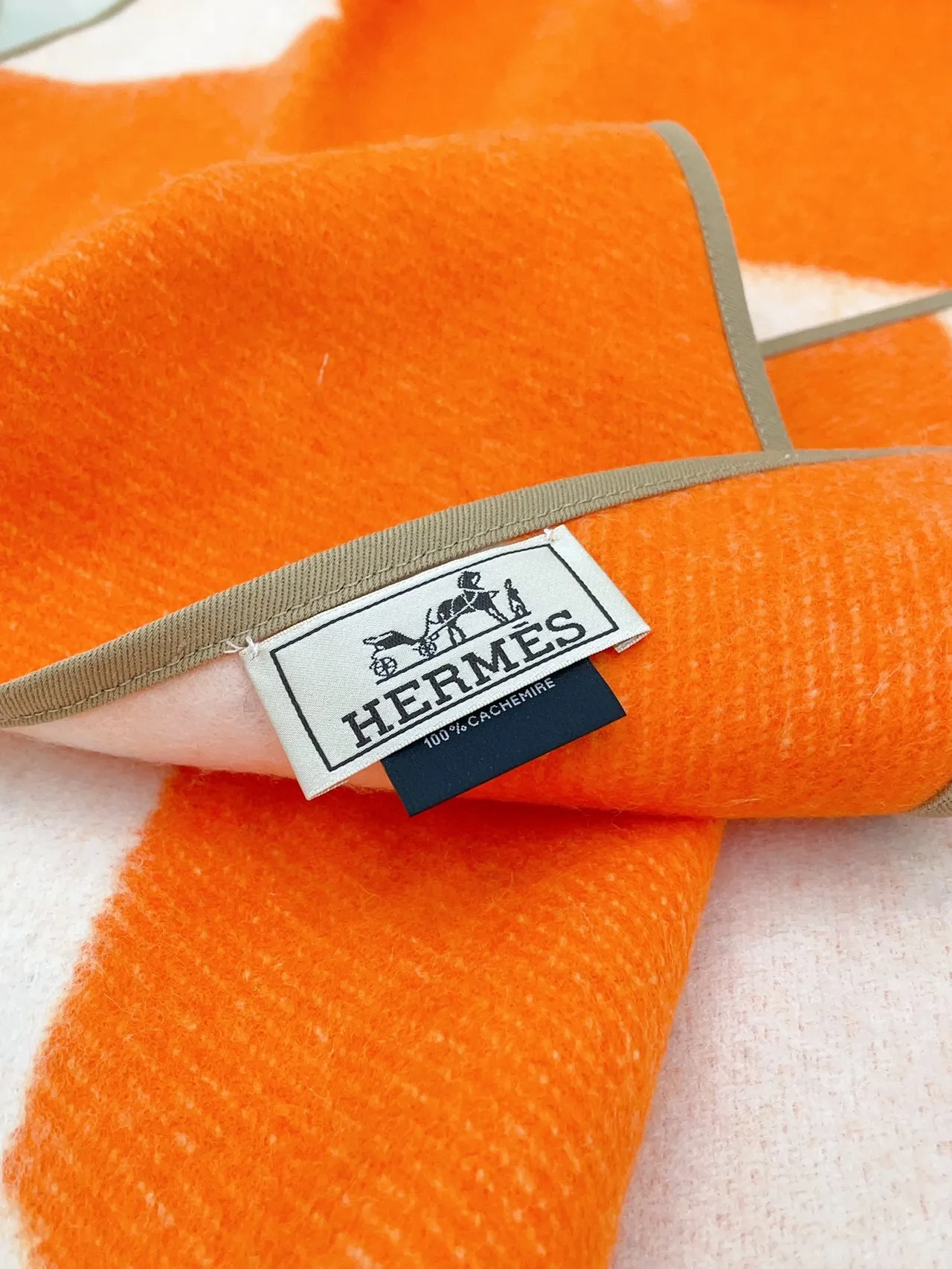 Hermès Orange Beige Geometric Patterned Wool-Blend Texture Shawl 8