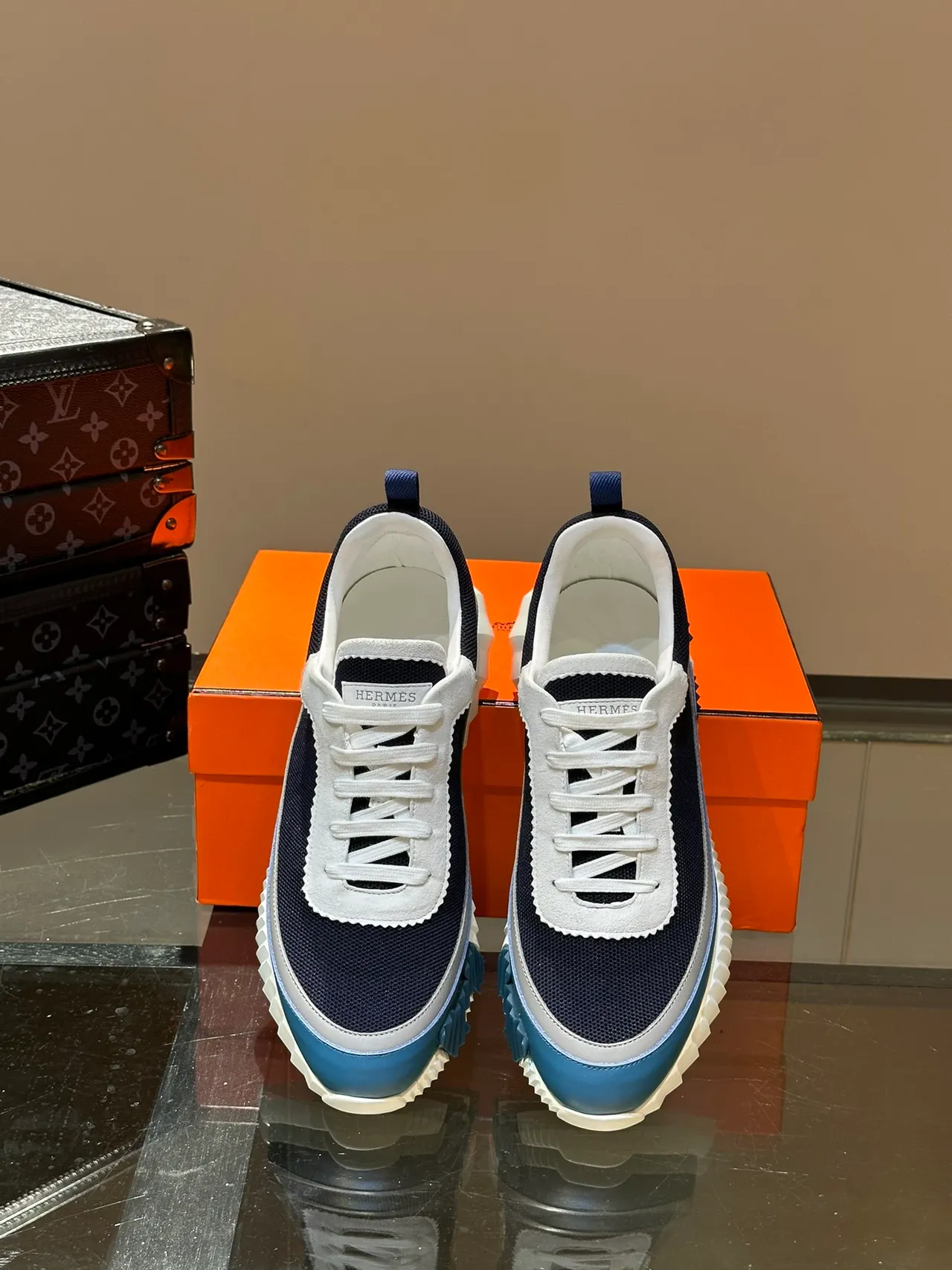 Hermès Run Away Navy Blue and White Chunky Sneakers 4