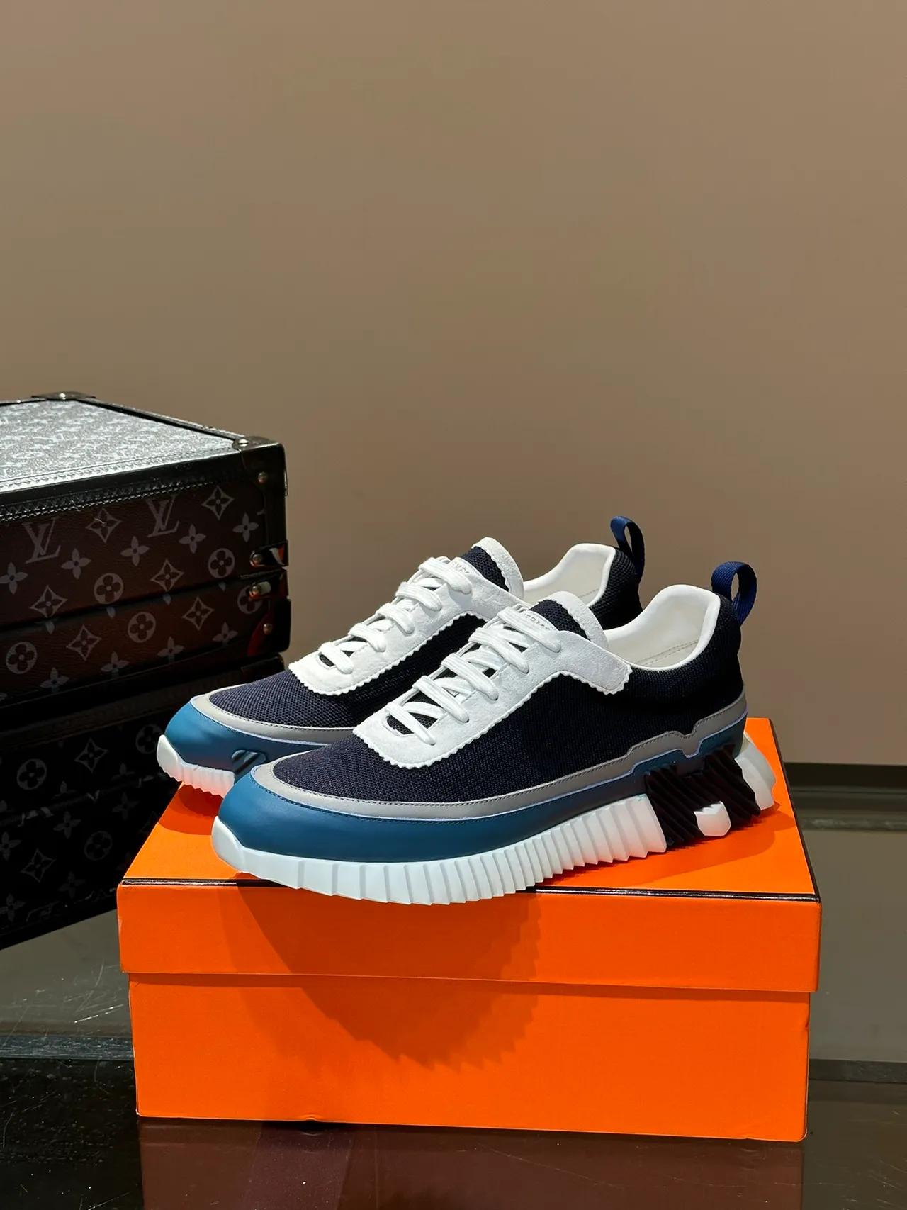 Hermès Run Away Navy Blue and White Chunky Sneakers 5