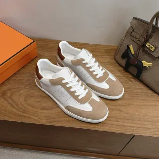 Hermès White and Beige Panelled Leather Suede Lifestyle Sneakers