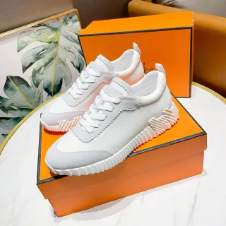 Hermès White and Gray Knit Suede Sneakers