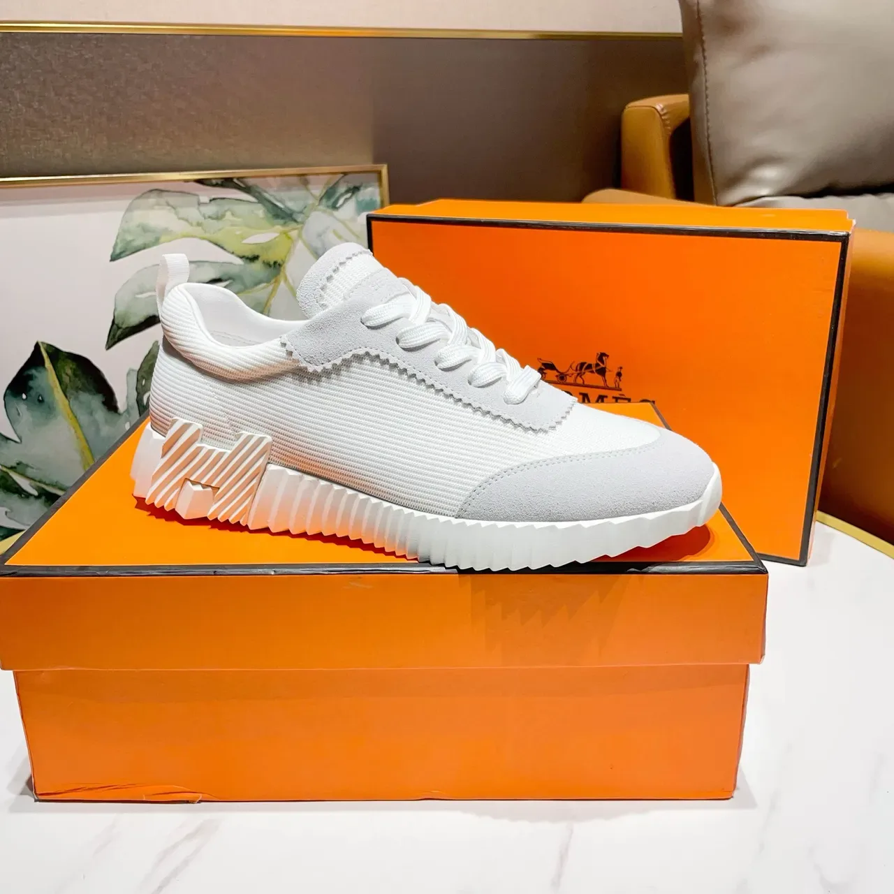 Hermès White and Gray Knit Suede Sneakers 2