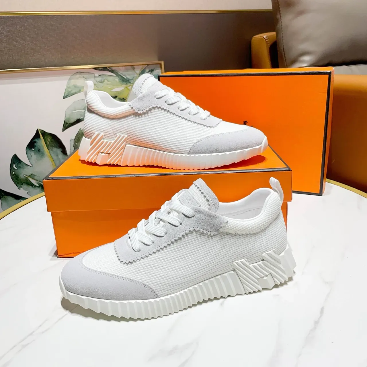Hermès White and Gray Knit Suede Sneakers 3