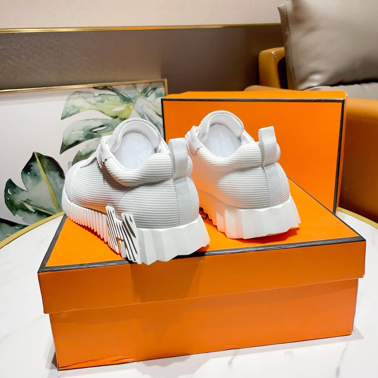 Hermès White and Gray Knit Suede Sneakers 4