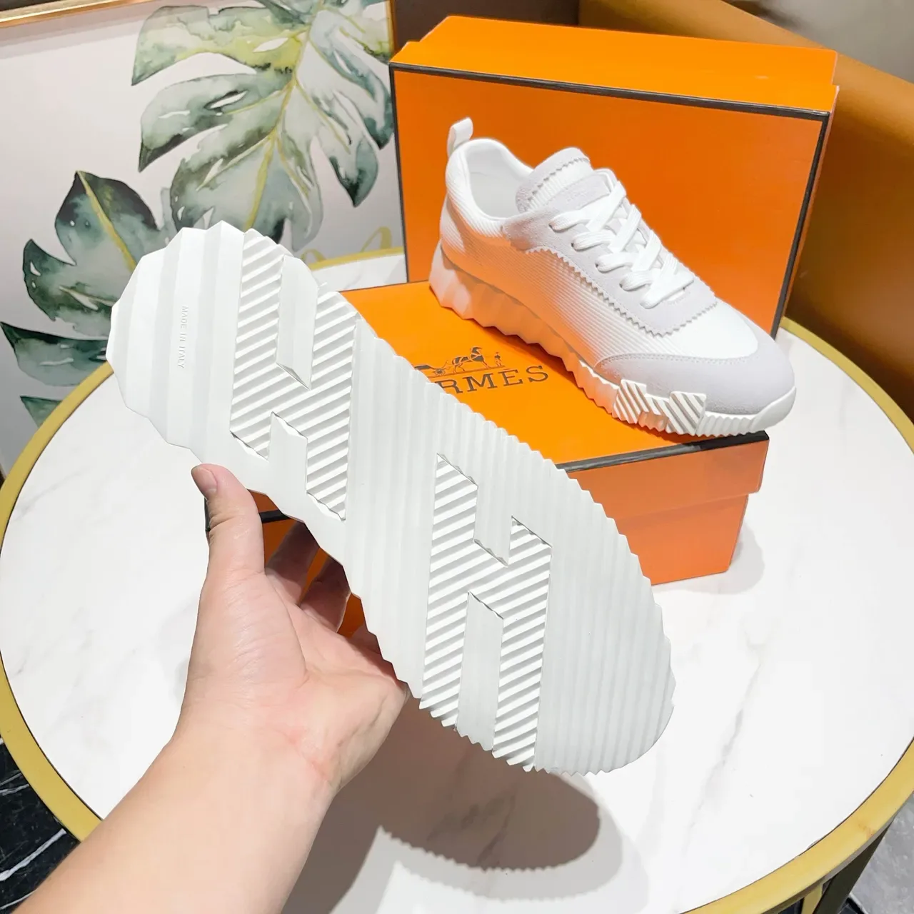 Hermès White and Gray Knit Suede Sneakers 5