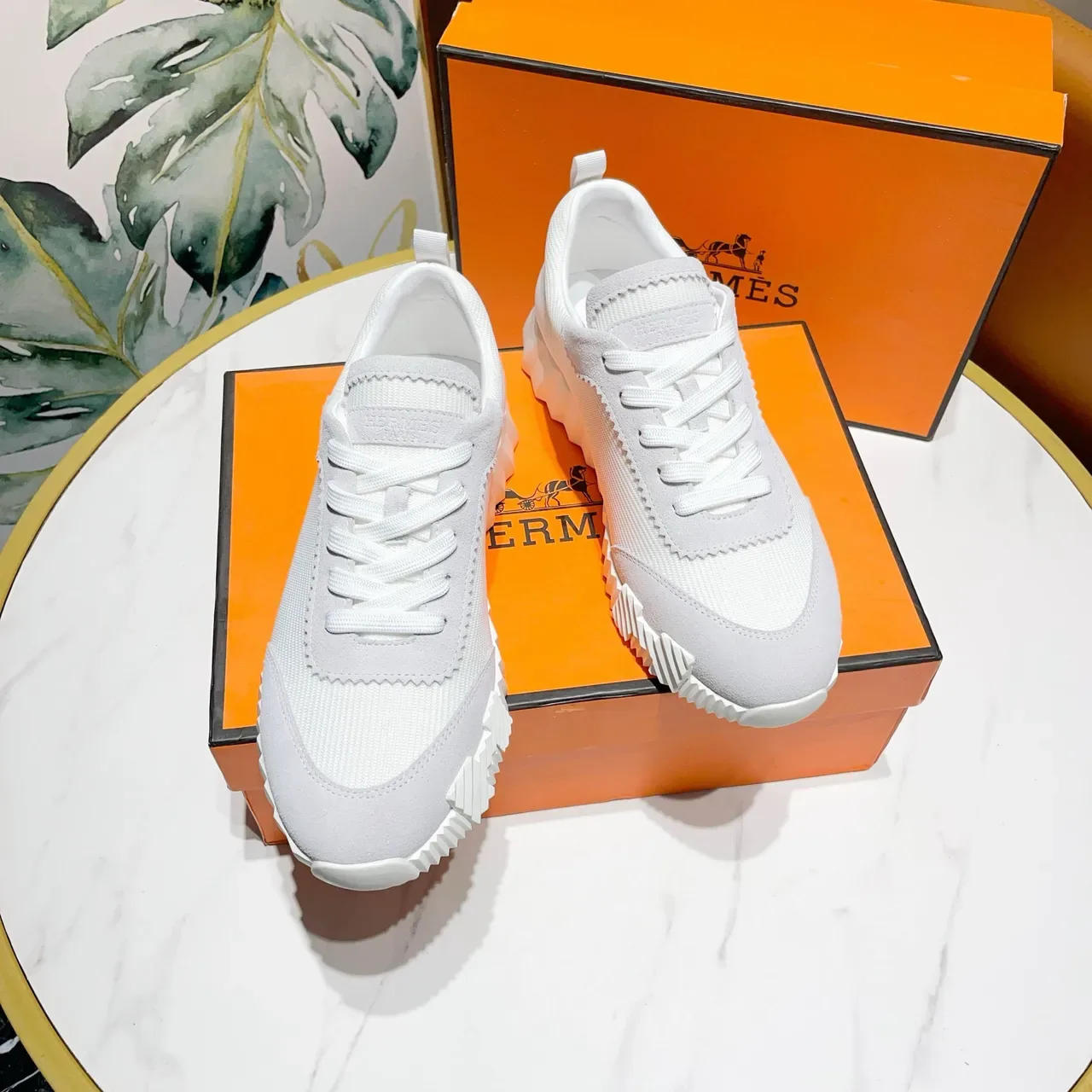 Hermès White and Gray Knit Suede Sneakers 6