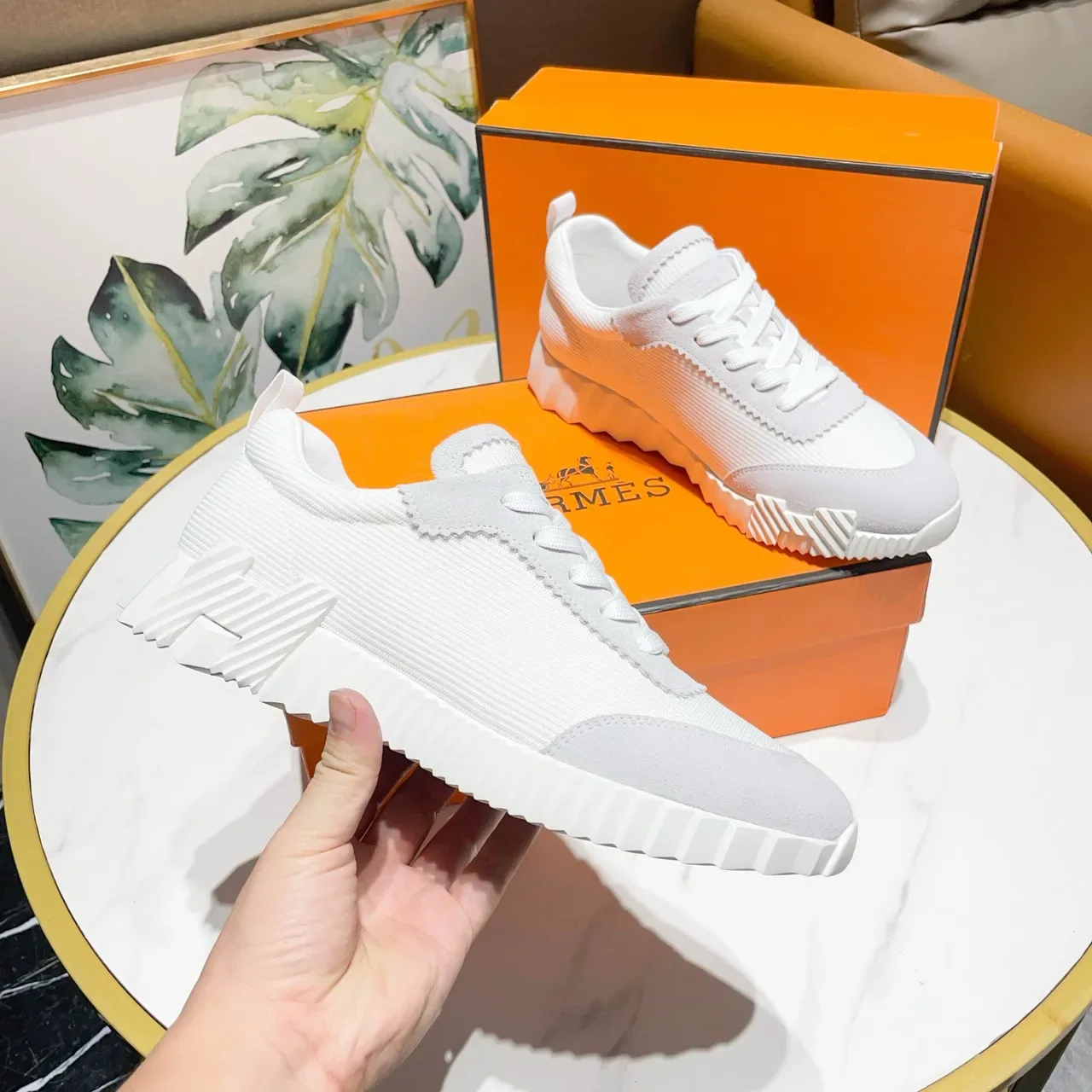 Hermès White and Gray Knit Suede Sneakers 7