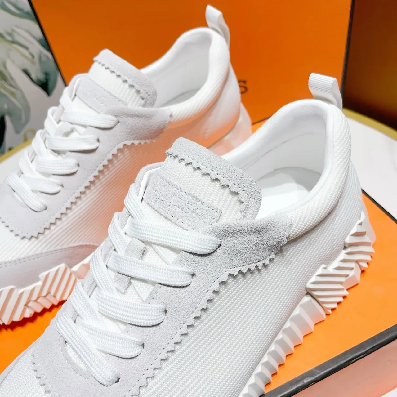 Hermès White and Gray Knit Suede Sneakers 8