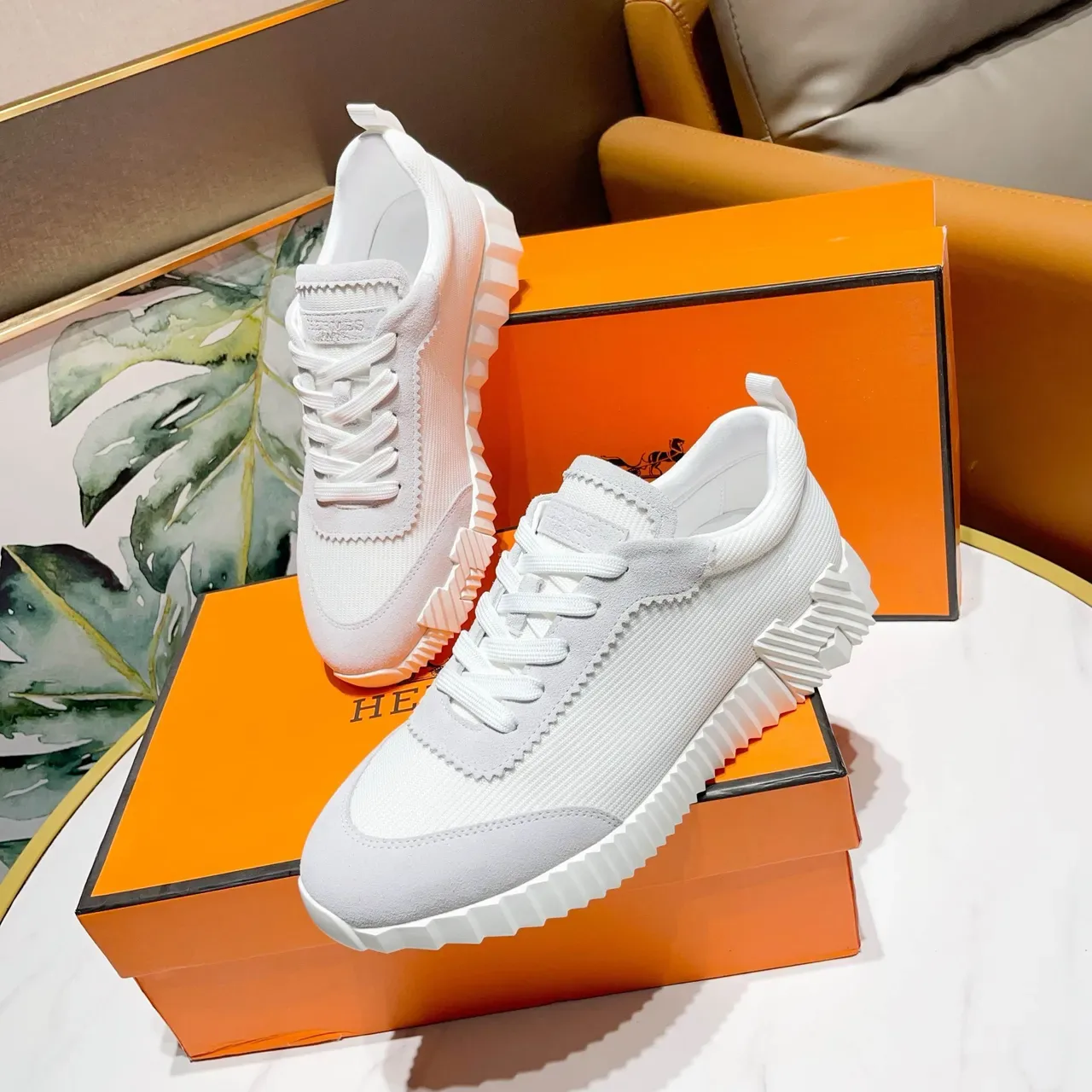 Hermès White and Gray Knit Suede Sneakers 9