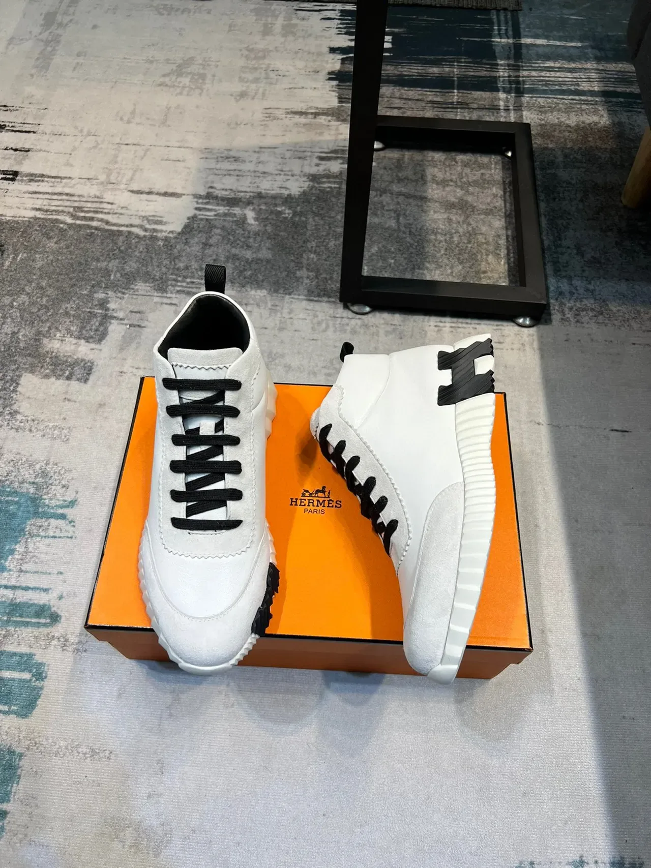 Hermès White Black High-Top Leather-Suede Mix Lifestyle Sneakers 4