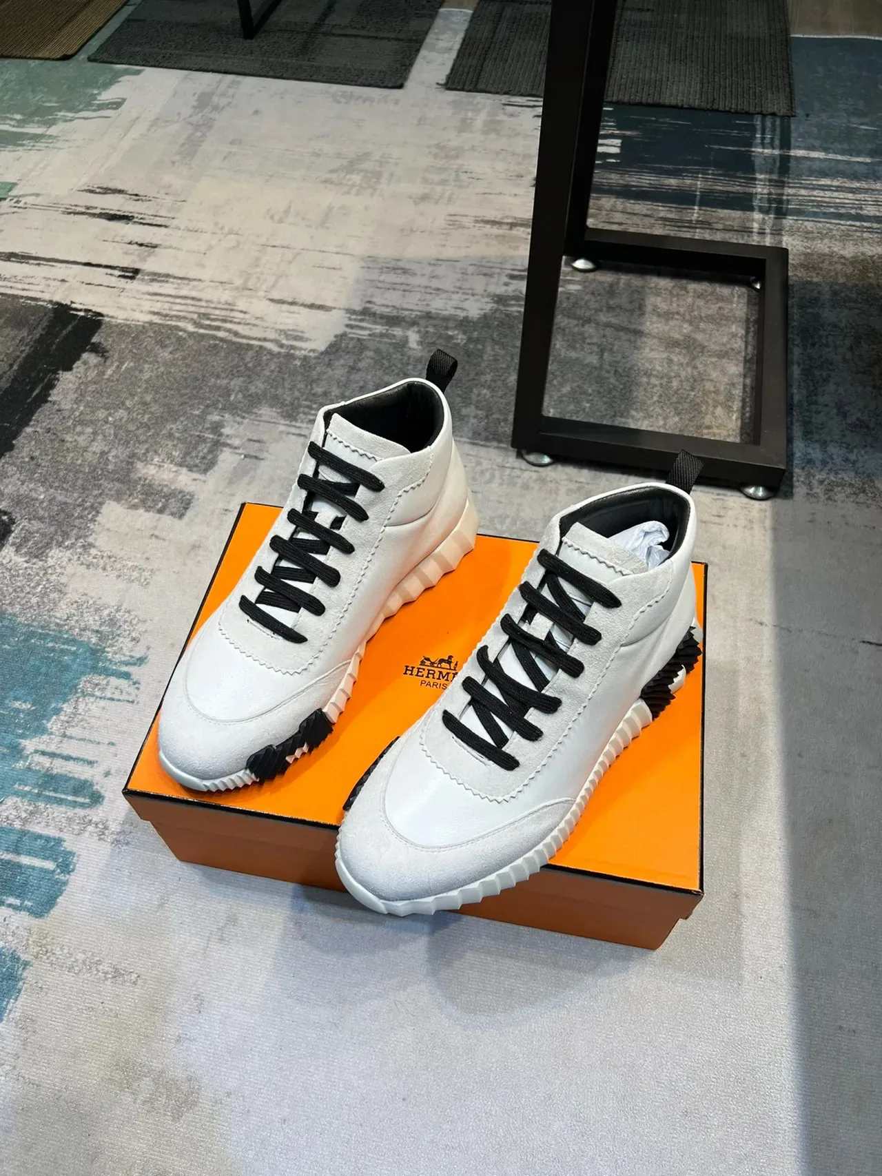 Hermès White Black High-Top Leather-Suede Mix Lifestyle Sneakers 5