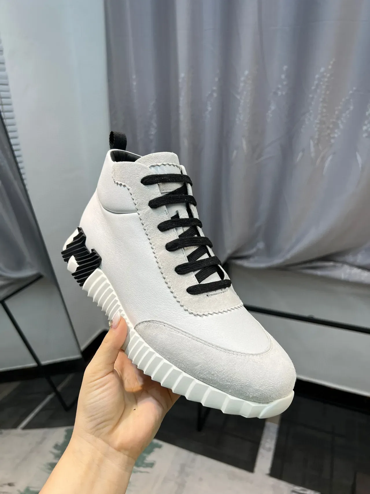 Hermès White Black High-Top Leather-Suede Mix Lifestyle Sneakers 6