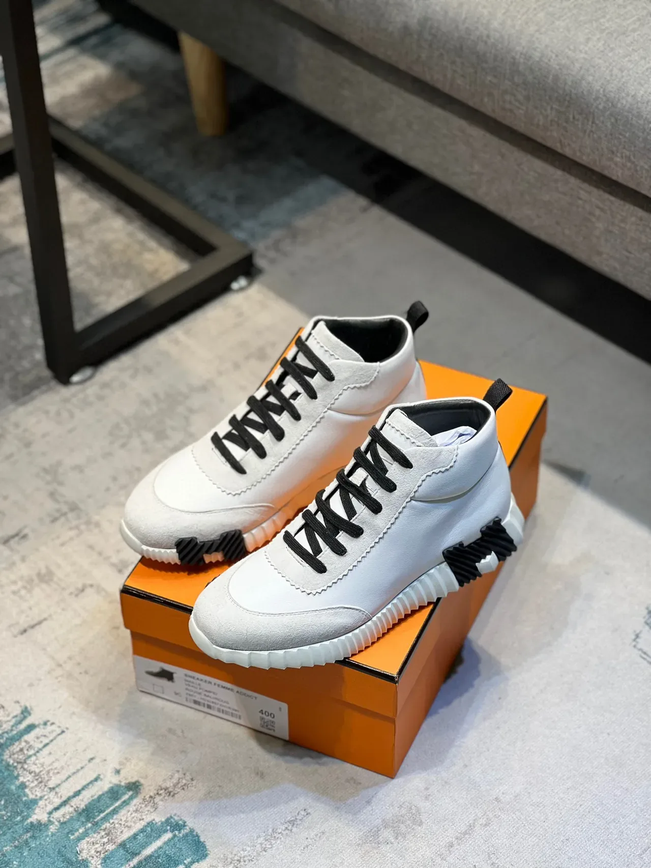 Hermès White Black High-Top Leather-Suede Mix Lifestyle Sneakers 7