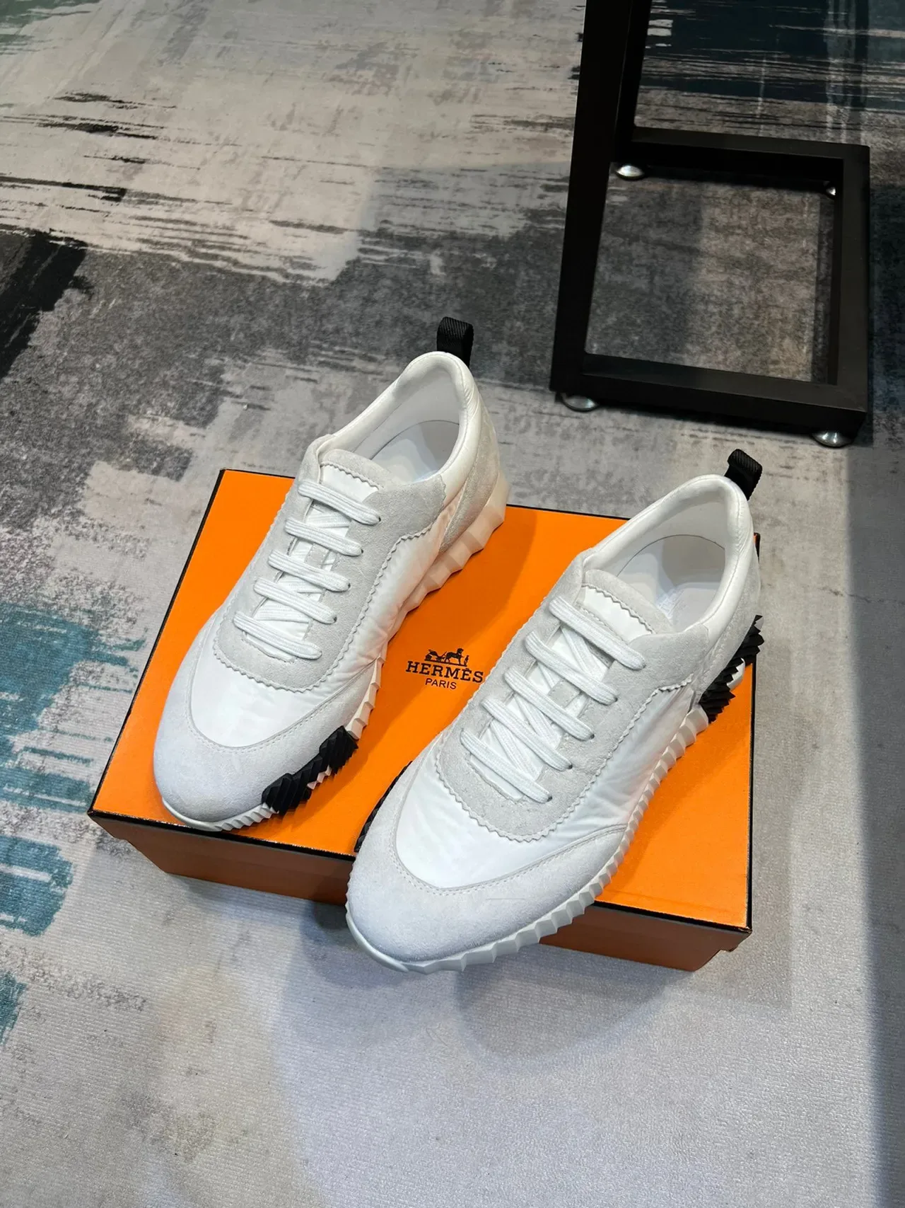 Hermès White Black Suede And Nylon Upper Scalloped Seam Detailing Lifestyle Sneakers 5