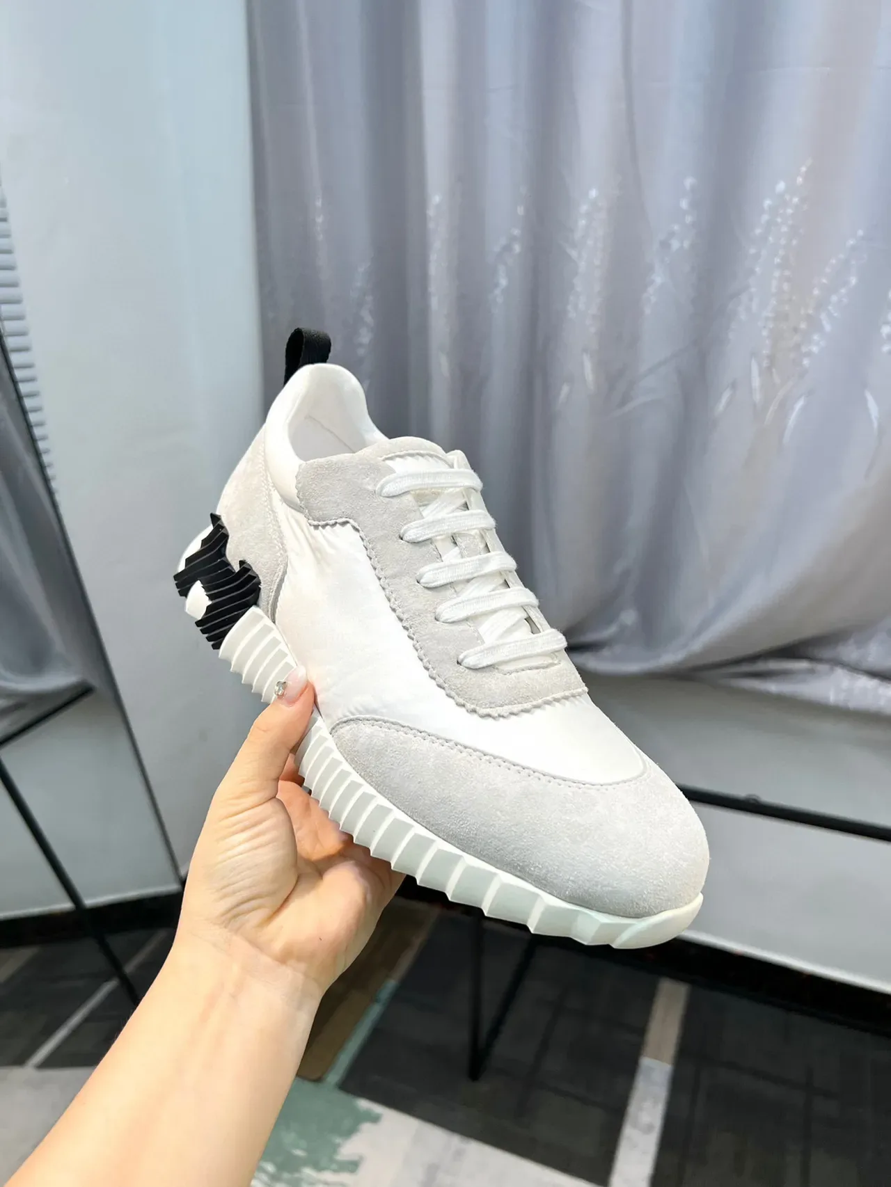 Hermès White Black Suede And Nylon Upper Scalloped Seam Detailing Lifestyle Sneakers 6