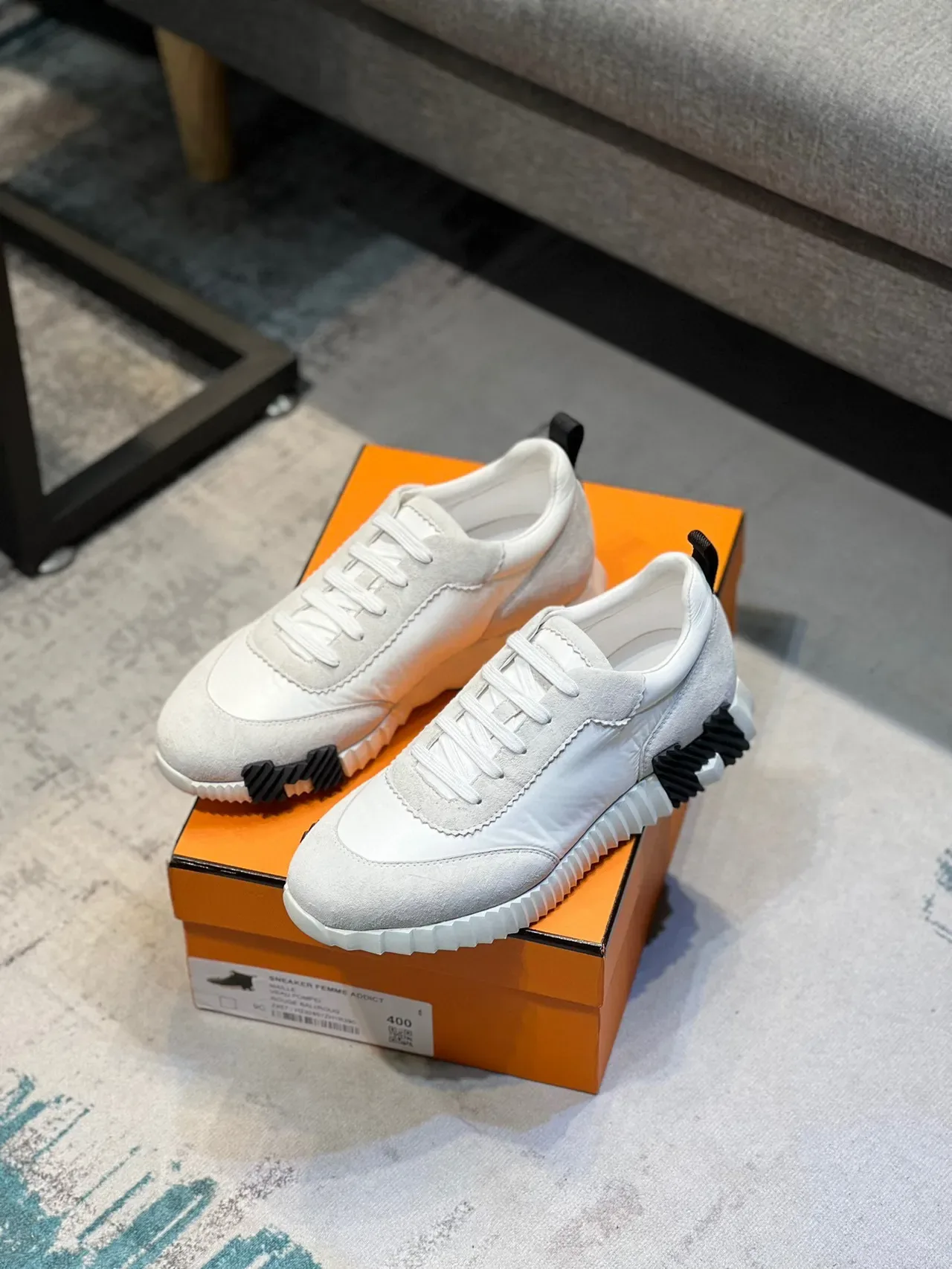 Hermès White Black Suede And Nylon Upper Scalloped Seam Detailing Lifestyle Sneakers 7