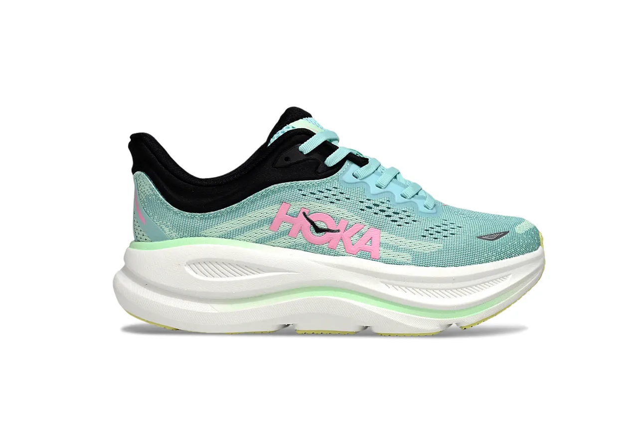 Hoka Verde Rosa Upper de Malha Engineered Cushion Midsole Grosso Tênis de Corrida 2