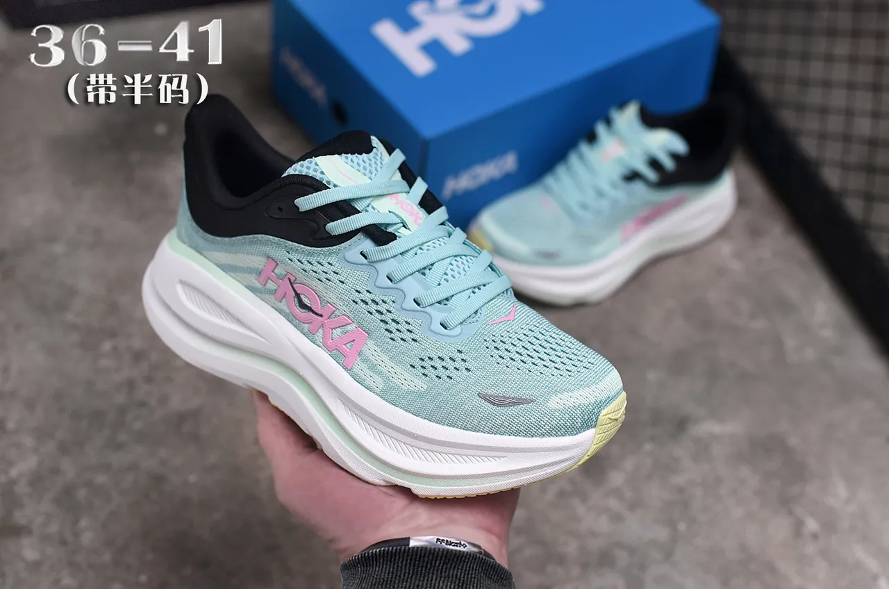 Hoka Verde Rosa Upper de Malha Engineered Cushion Midsole Grosso Tênis de Corrida 3