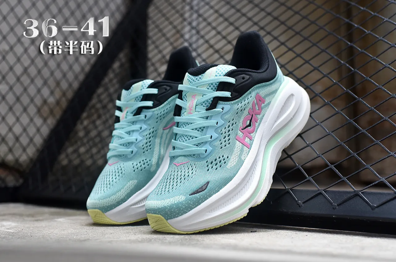 Hoka Verde Rosa Upper de Malha Engineered Cushion Midsole Grosso Tênis de Corrida 5