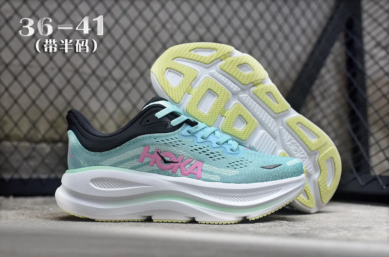 Hoka Verde Rosa Upper de Malha Engineered Cushion Midsole Grosso Tênis de Corrida 7