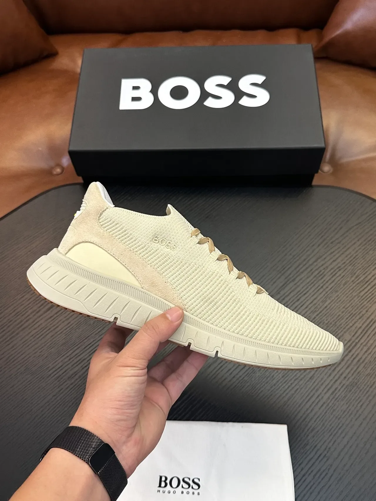 Hugo Boss Chaussures Lifestyle Beige Blanc avec Tige en Tricot, Construction Slip-On 2