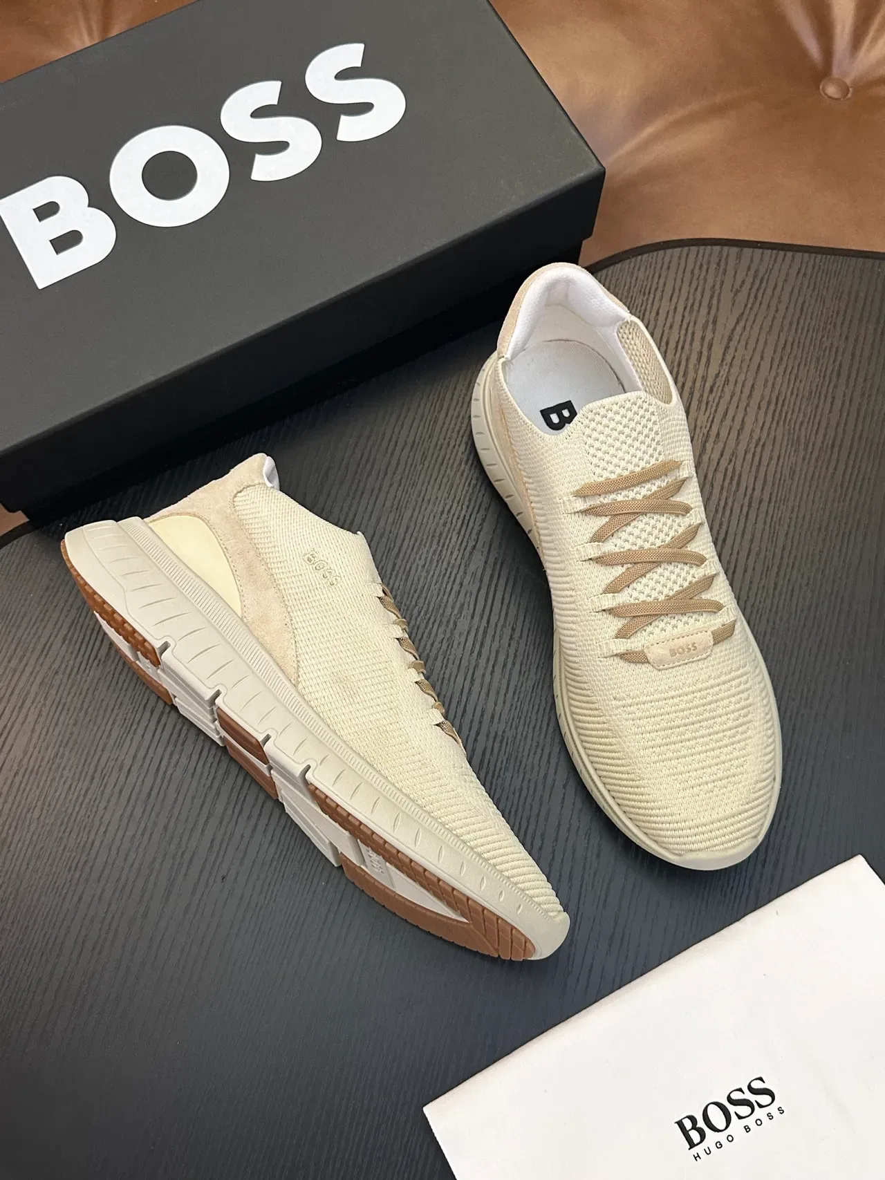 Hugo Boss Chaussures Lifestyle Beige Blanc avec Tige en Tricot, Construction Slip-On 4