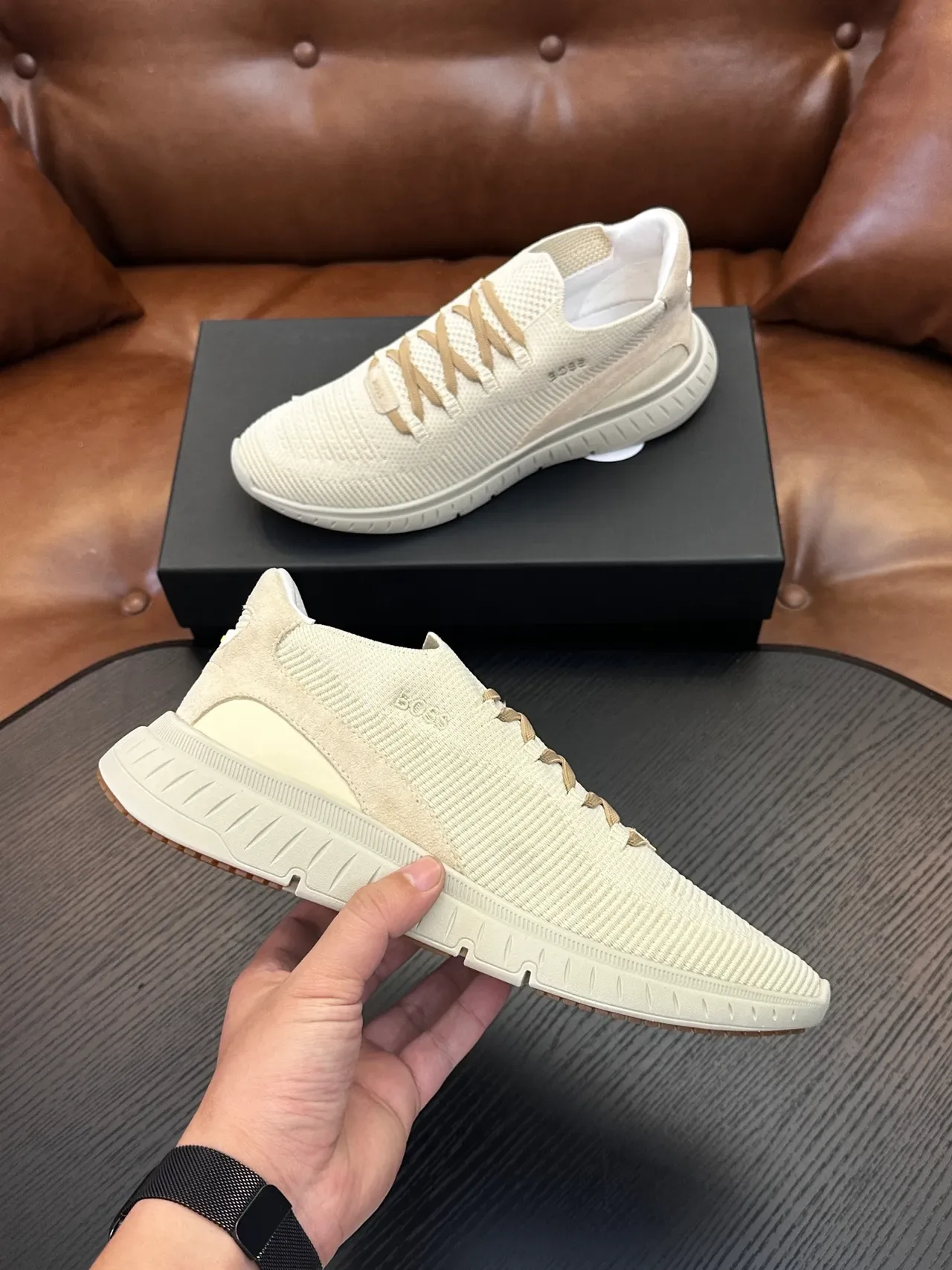 Hugo Boss Chaussures Lifestyle Beige Blanc avec Tige en Tricot, Construction Slip-On 5