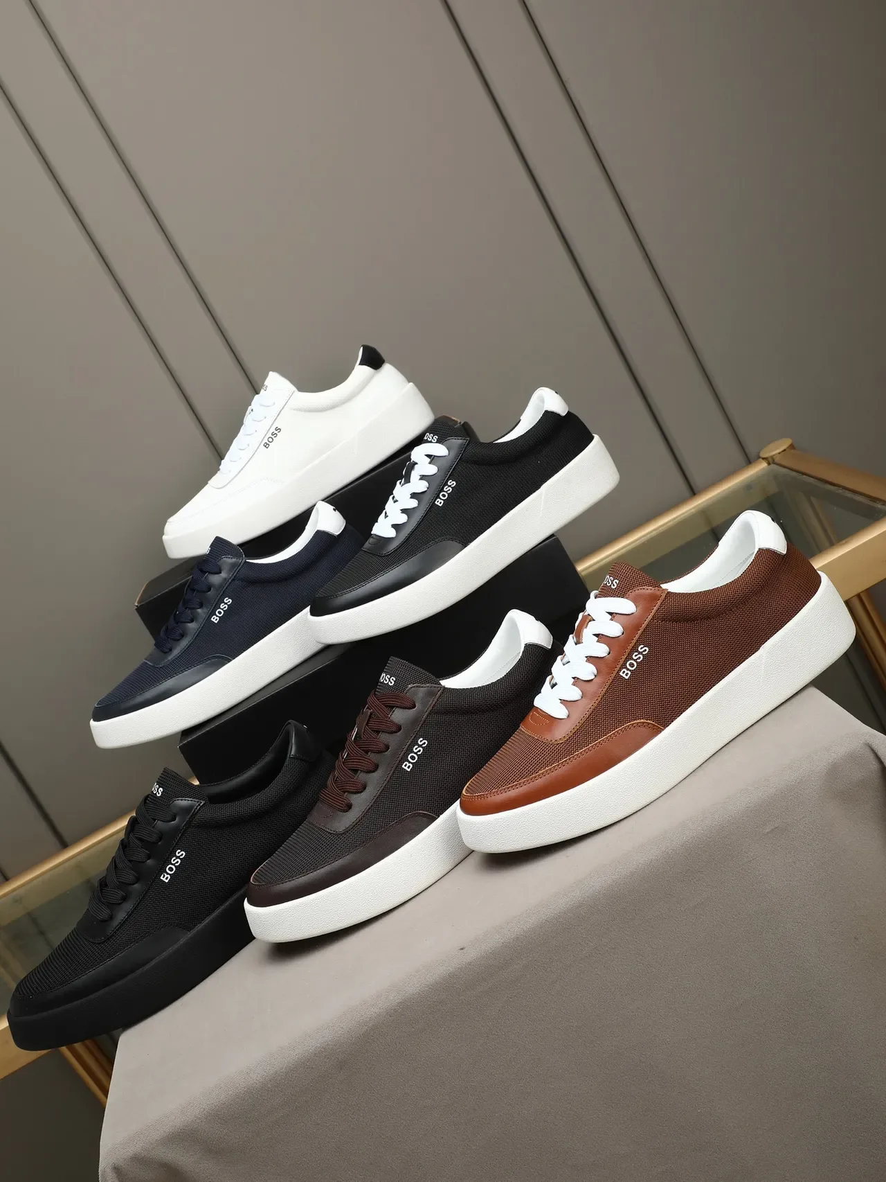 Hugo Boss Black Brown Mesh-and-Leather Upper Platform Sole Sneakers 2