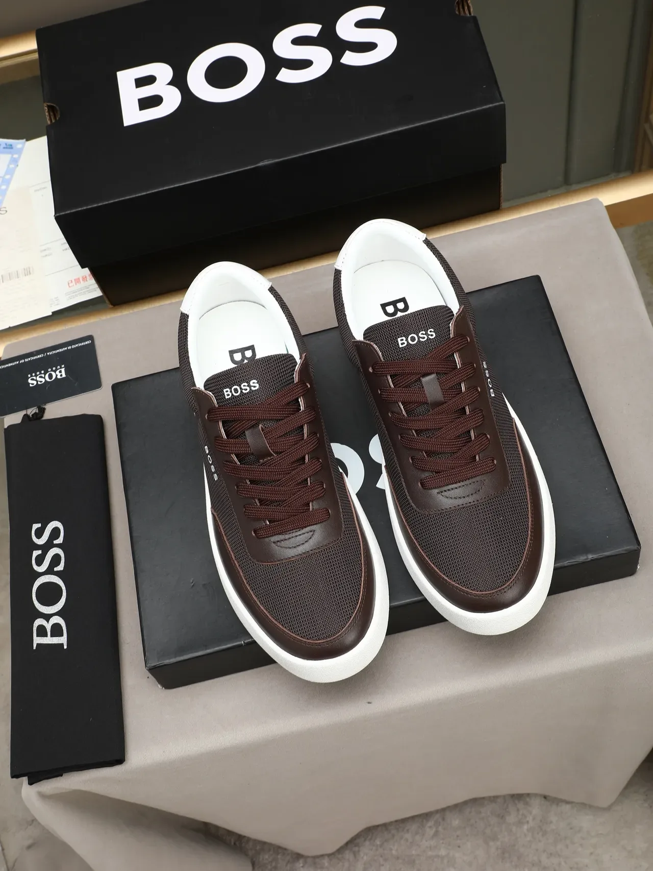 Hugo Boss Black Brown Mesh-and-Leather Upper Platform Sole Sneakers 3
