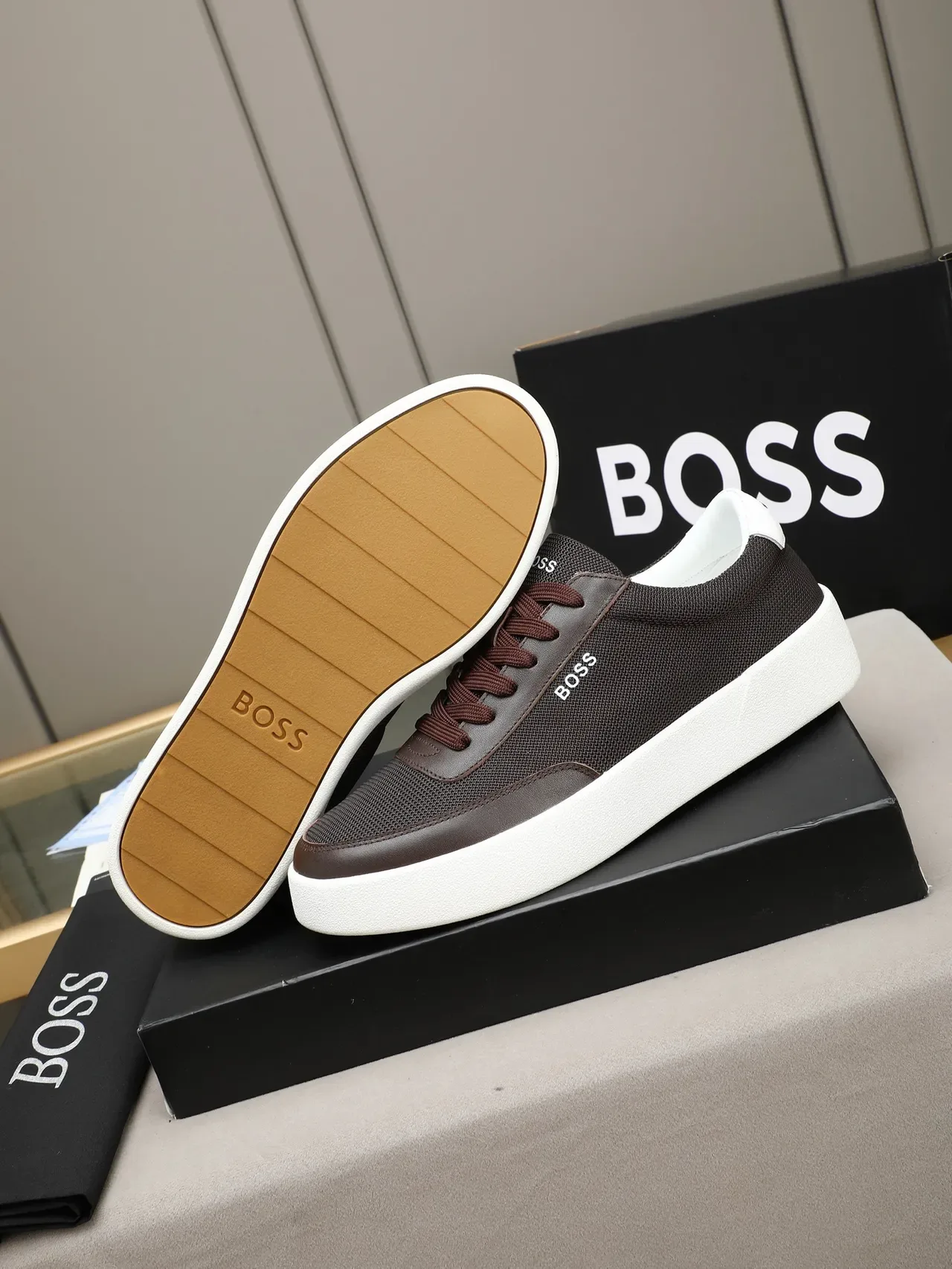 Hugo Boss Black Brown Mesh-and-Leather Upper Platform Sole Sneakers 5